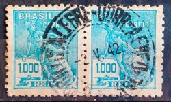 Selo Regular Cod RHM 333 Vovo Mercurio e Globo 1000 Reis Filigrana P 1940 Dupla Circulado 5