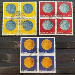 C 1002 Selo Moedas do Brasil Colonial Vintem Pataca Dobrao 1977 Quadra CPD MG Serie Completa