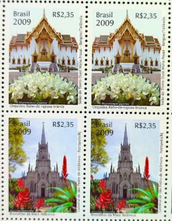 C 2781 Selo Relacoes Diplomaticas Tailandia Igreja Religiao Bromelia e Orquidea 2009 Quadra Mista