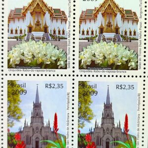 C 2781 Selo Relacoes Diplomaticas Tailandia Igreja Religiao Bromelia e Orquidea  2009 Quadra Mista