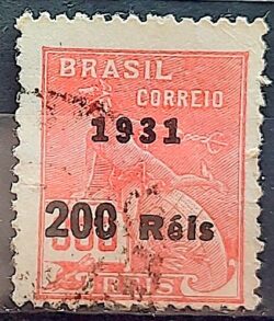 Selo Regular Cod RHM 346 Vovo Mercurio e Globo 200 Reis Filigrana H 1931 Circulado