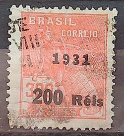 Selo Regular Cod RHM 347 Vovo Mercurio e Globo 200 Reis Filigrana I 1931 Circulado 3