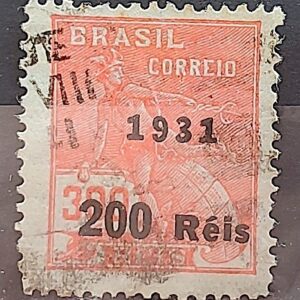 Selo Regular Cod RHM 347 Vovo Mercurio e Globo 200 Reis Filigrana I 1931 Circulado 3