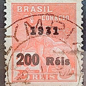 Selo Regular Cod RHM 347 Vovo Mercurio e Globo 200 Reis Filigrana I 1931 Circulado 5