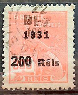 Selo Regular Cod RHM 347 Vovo Mercurio e Globo 200 Reis Filigrana I 1931 Circulado 6
