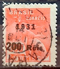 Selo Regular Cod RHM 348 Vovo Mercurio e Globo 200 Reis Filigrana J 1931 Circulado 1