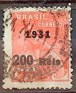 Selo Regular Cod RHM 348 Vovo Mercurio e Globo 200 Reis Filigrana J 1931 Circulado 11