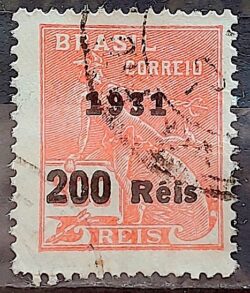 Selo Regular Cod RHM 348 Vovo Mercurio e Globo 200 Reis Filigrana J 1931 Circulado 13