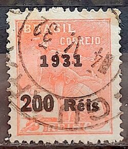 Selo Regular Cod RHM 348 Vovo Mercurio e Globo 200 Reis Filigrana J 1931 Circulado 16