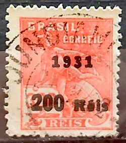 Selo Regular Cod RHM 348 Vovo Mercurio e Globo 200 Reis Filigrana J 1931 Circulado 2