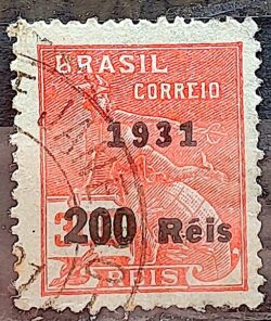 Selo Regular Cod RHM 348 Vovo Mercurio e Globo 200 Reis Filigrana J 1931 Circulado 20