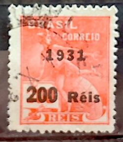Selo Regular Cod RHM 348 Vovo Mercurio e Globo 200 Reis Filigrana J 1931 Circulado 3