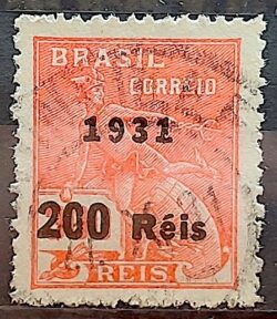 Selo Regular Cod RHM 348 Vovo Mercurio e Globo 200 Reis Filigrana J 1931 Circulado 7