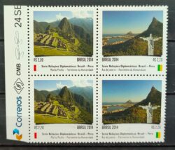 C 3373 Selo Relacoes Diplomaticas Brasil Peru Machu Pichu Rio de Janeiro 2014 Quadra Vinheta Correios 2