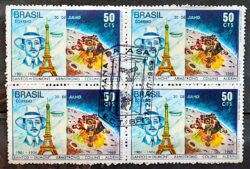 C 651 Selo Homem na Lua Santos Dumont Balao Franca Torre Eiffel Espaco 1969 Quadra CBC SP