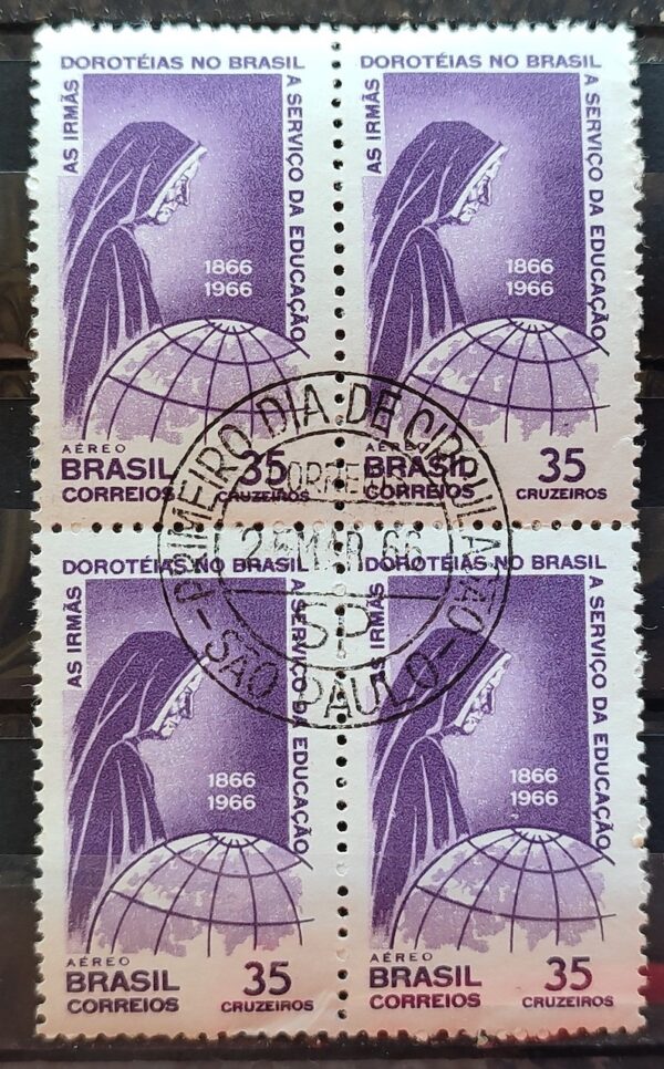 A 107 Selo Aereo Centenario Irmas Doroteias no Brasil Religiao Mapa 1966 Quadra CPD SP