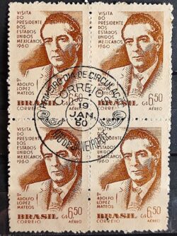 A 90 Selo Presidente do Mexico Adolfo Lopes Mateos 1960 Quadra CBC RJ
