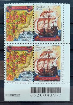 C 2079 Selo Descobrimento do Brasil Navio Mapa Indio 1998 Quadra Codigo de Barras