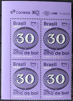 C 4108 Selo 180 Anos Olho de Boi 30 Reis 2023 Quadra Vinheta Correios