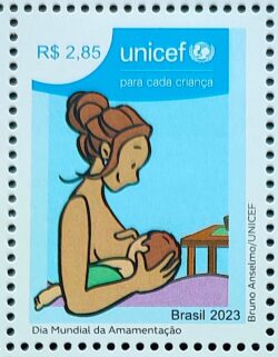 C 4111 Selo Dia Mundial da Amamentacao Mulher Crianca Saude UNICEF 2023 Azul