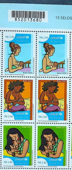 C 4111 Selo Dia Mundial da Amamentacao Mulher Crianca Saude UNICEF 2023 Sextilha Codigo de Barras