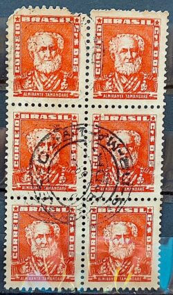 Selo Regular Cod RHM 490 Bisneta Almirante Tamandare Filigrana Q 1954 Sextilha Vert Circulado 2