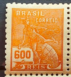 Selo Regular Cod RHM 249 Vovo Mercurio e Globo 600 Reis Filigrana D 1928