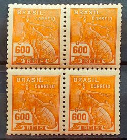 Selo Regular Cod RHM 249 Vovo Mercurio e Globo 600 Reis Filigrana D 1928 Quadra