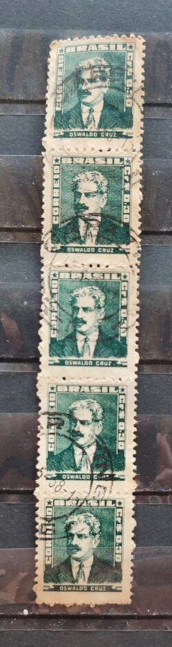 Selo Regular Cod RHM 493 Bisneta Oswaldo Cruz Saude 1954 Tira 5 Unidades Circulado 2