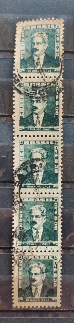 Selo Regular Cod RHM 493 Bisneta Oswaldo Cruz Saude 1954 Tira 5 Unidades Circulado 3