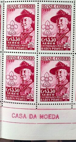A 85 Selo Centenario Baden Powell Escotismo Escoteiro Chapeu 1957 Quadra Vinheta CMB