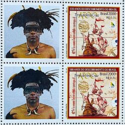 C 2254 Selo Personalizado Descobrimento do Brasil Indio Navio Nau Portugal 2000 Quadra CLM