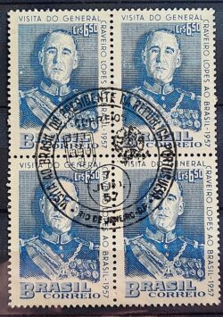 C 389 Selo Visita do Presidente Portugal General Craveiro Lopes Militar 1957 Quadra CBC RJ 4