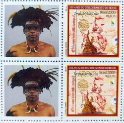 C 2254 Selo Personalizado Descobrimento do Brasil Indio Navio Nau Portugal 2000 Quadra