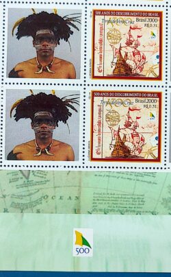 C 2254 Selo Personalizado Descobrimento do Brasil Indio Navio Nau Portugal 2000 Quadra Vinheta 500 Anos