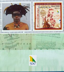 C 2254 Selo Personalizado Descobrimento do Brasil Indio Navio Nau Portugal 2000 Vinheta 500 Anos