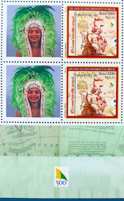 C 2254 Selo Personalizado Descobrimento do Brasil Indio Navio Nau Portugal Mulher 2000 Quadra Vinheta 500 Anos