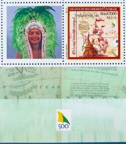C 2254 Selo Personalizado Descobrimento do Brasil Indio Navio Nau Portugal Mulher 2000 Vinheta 500 Anos