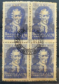 C 281 Selo Centenario Cidade de Mato Grosso Luís de Albuquerque 1952 Quadra CPD 1