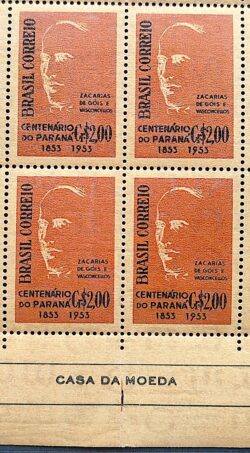 C 325 Selo Parana Zacarias de Gois e Vasconcellos 1954 Quadra Vinheta Casa da Moeda Papel Palha