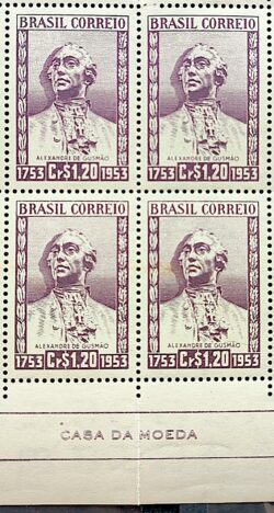 C 327 Selo Alexandre de Gusmao Diplomacia Portugal Espanha 1954 Quadra Vinheta Casa da Moeda