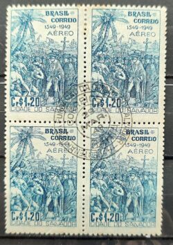 A 72 Selo 4 Centenario Salvador Governo Geral Indio Tome de Sousa 1949 Quadra CPD BA 1