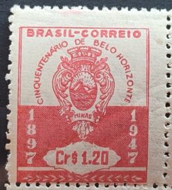 C 236 Selo 50 Anos de Belo Horizonte Brasao 1947 Variedade Impr Desl