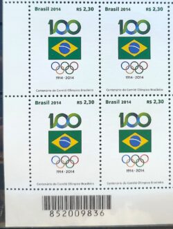 C 3367 Selo Comite Olimpico Brasileiro Centenario Olimpiadas Bandeira 2014 Quadra Codigo de Barras