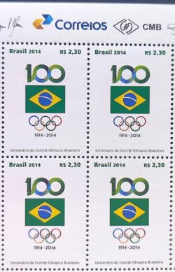 C 3367 Selo Comite Olimpico Brasileiro Centenario Olimpiadas Bandeira 2014 Quadra Vinheta Correios
