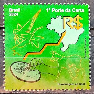 C 4156 Selo Homenagem Plano Real Mapa Lobo Passaro Economia Dinheiro Mao 2024