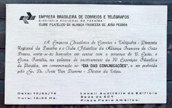 Convite Clube Filatelico Alianca Francesa Joao Pessoa Paraiba 1976