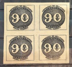 C 182 Selo Centenario do Selo Postal Olho de Boi 90 Reis 1943 Quadra 1