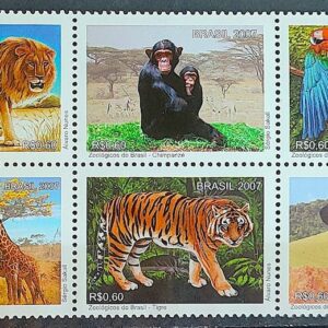 C 2715 Selo Zoologicos do Brasil Girafa Elefante Leao Macaco Arara Tigre Fauna Africa 2007 Serie Completa