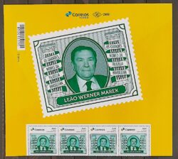 PB 176 Selo Personalizado Os Grandes Nomes da Filatelia Brasileira Leao Werner Marek 2020 Vinheta e 4 Selos